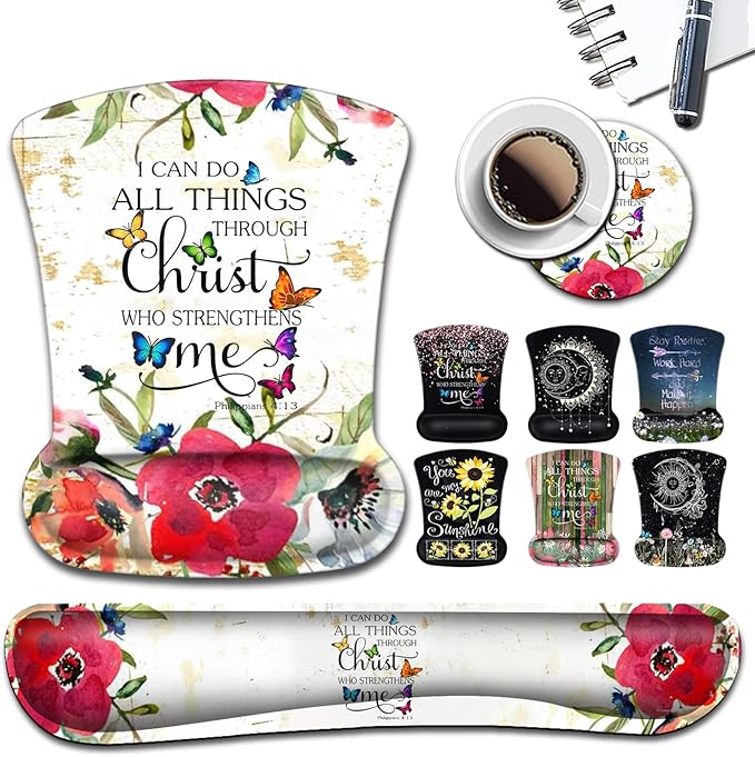Mouse Pad with Wrist Support Ergonomic Memory Foam Keyboard Wrist Rest Comfortable Mouse Pad for Gaming/Working Gel Desk Pad Non-Slip PU Base Philippians 4-13 Watercolor Red Flower White Mousepads