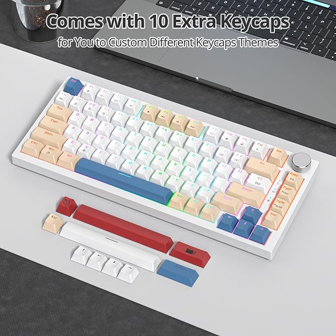 75% Mechanical Creamy Keyboard with Volumn Knob Gasket Hot Swappable RGB Gaming Keyboard Wired Custom Keyboard with Red Switch 82 Keys Compact Creamy White