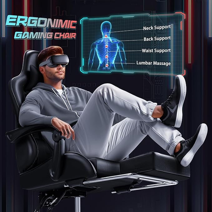 JUMMICO Gaming Chair Ergonomic Computer Chair with Footrest and Massage Lumbar Support Height Adjustable Video Gaming Chair with 360° Swivel Seat and Headrest (Black)