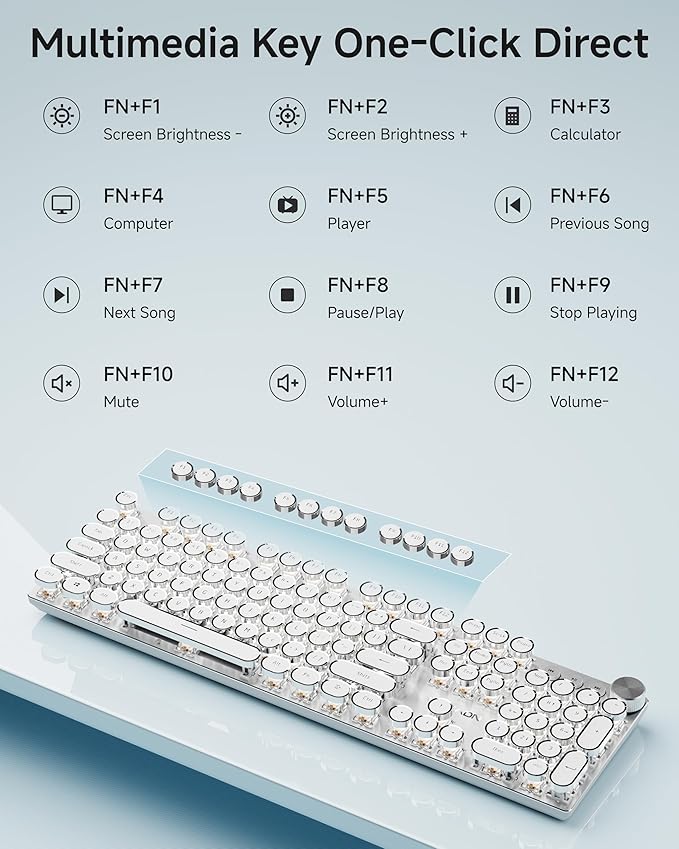 EWEADN Typewriter Style Mechanical Keyboard Wired Typewriter Keyboards104 Keys Backlit LED Metal Keyboards Media Control Knob Wired Computer Keyboard White Switch for Windows/Mac/PC-White