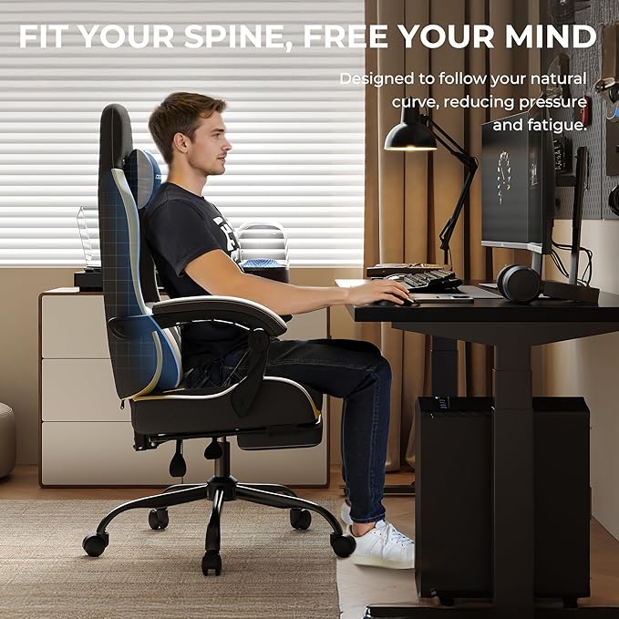 Gaming Chair with Footrest Ergonomic 330lbs Leather Mesh Chair Massage Lumbar Support Adjustable Height &amp Headrest Pillow Breathable Seat for Office Home Streaming Long Gaming Sessions Gol