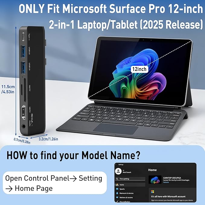 Surface Pro 12 Docking Station Surface Pro 12 Accessories with 4K HDMI Thunerbolt 4 Hub (4K@60Hz Display+ 40Gbps Data+ 100W Charging) 2 USB3.0 SD/TF 3.5mm Audio for Surface Pro 12 inch 2025