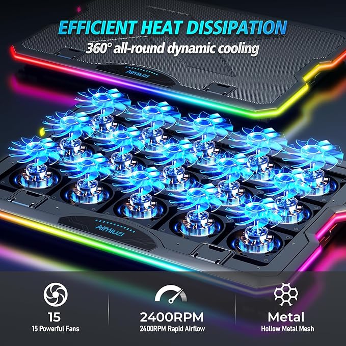 Gaming Laptop Cooling Pad Laptop Cooler with 15 Quiet Fans for 12-17.3 Inch Notebook Slim Portable Laptop Cooling Stand with 7 Height Adjustable 2 USB Ports Phone Stand