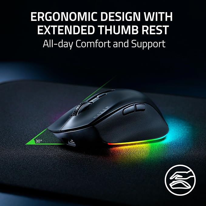Razer Pro Click V2 Wireless Mouse: Right-Handed Ergonomic Design with Thumb Rest - AI Prompt - Long Battery Life - Multi Device Connectivity via 2.4GHz Bluetooth or USB C Wired Mode - Chroma RGB