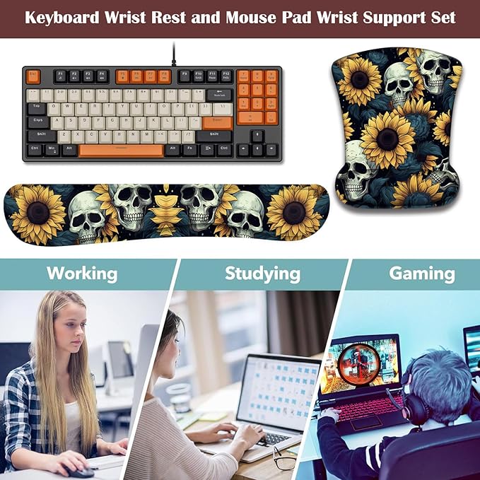 Keyboard Wrist Rest and Mouse Pad Wrist Support with Lace-Shaped Coaster Set Ergonomic Gel Memory Foam and Anti-Slip Base Easy Typing and Pain Relief - Skull Sunflower