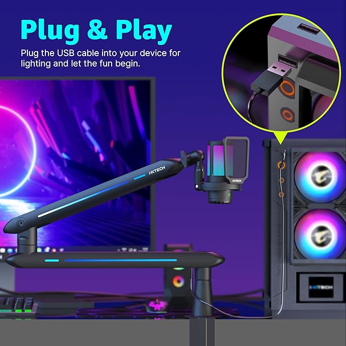 IXTECH RGB Low Profile Boom Arm for Mic Adjustable Microphone Arm Stand with Desk Mount Clamp Rotatable Microphone Boom Arm Mic Stand with Cable Management for Podcast Streaming Gaming Studio.