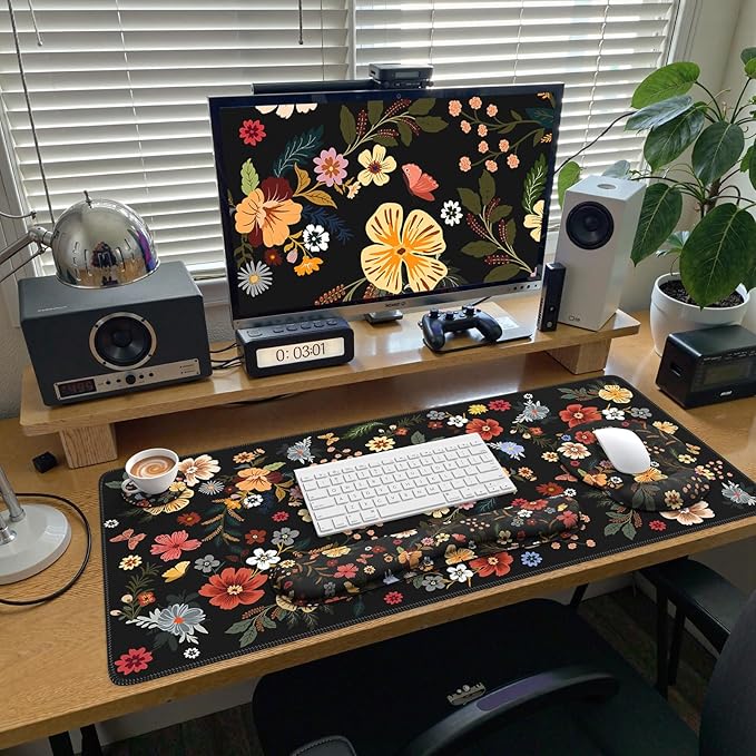 iCasso Desk Cover Mat 4in1 Floral Large Mouse Pad with Wrist Rest Desk Matt for Desktop Anti-Slip XXL Big Computer Ergonomic Mousepad with Wrist Support for Keyboard and Mouse (Flowers)