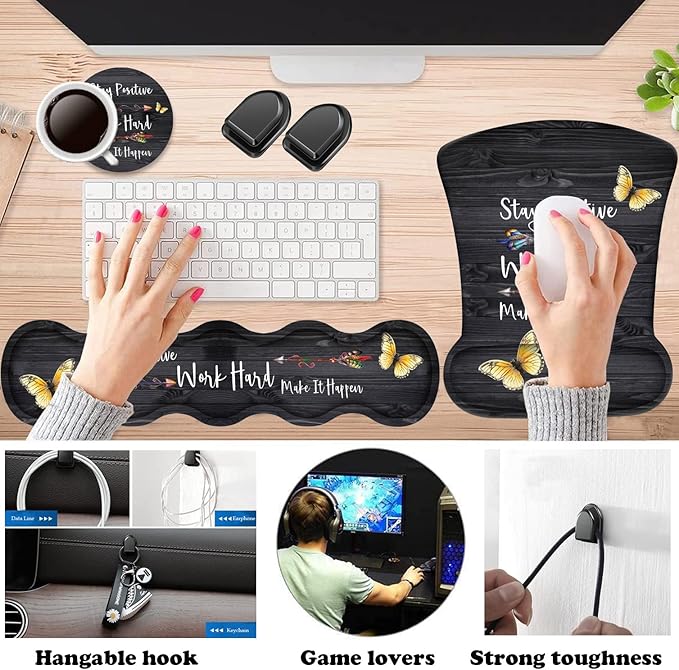 Keyboard Wrist Rest Pad + Wrist Rest Support Mouse Pad + Coaster + Hook Combo Set Ergonomic Relief Wrist Pain Anti-Slip Mouse Pad for Home and Office Stay Positive Work Hard and Make It Happen