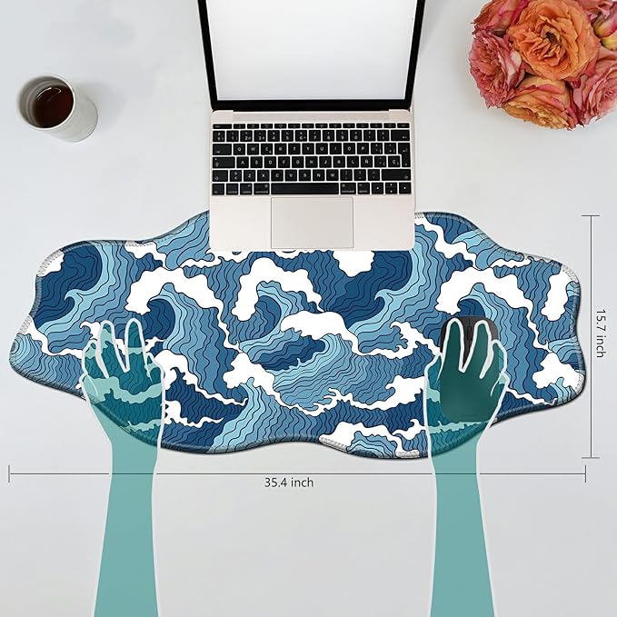 Sea Wave Desk Mat Mouse Pad 35.4X15.7 XL Extended Mousepad Huge Mouse Pads with Stitched Edges Desk Pad for Work Game Office Home