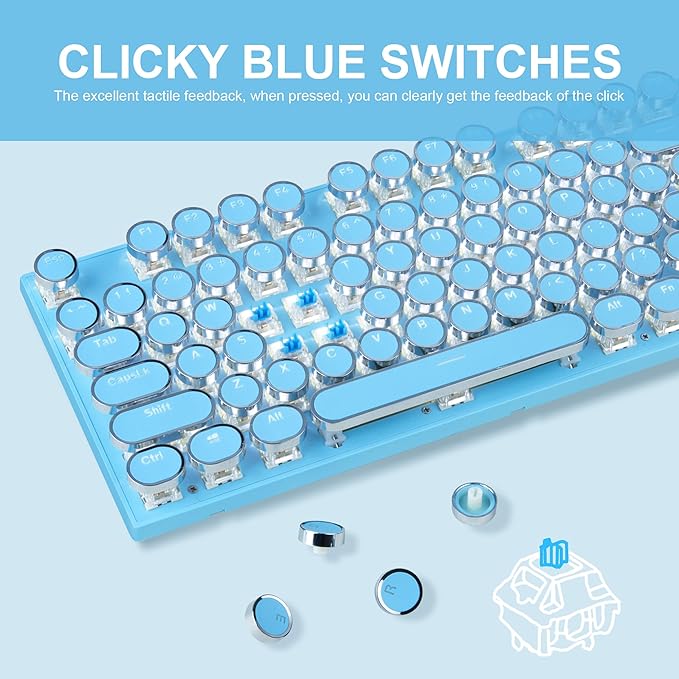 Typewriter Style Mechanical Gaming KeyboardRetro Punk Gaming Keyboard with White Backlit 104 Keys Blue Switch Wired Cute Keyboards with Detachable Wrist RestBlue Keyboards for Office/PC/Laptop