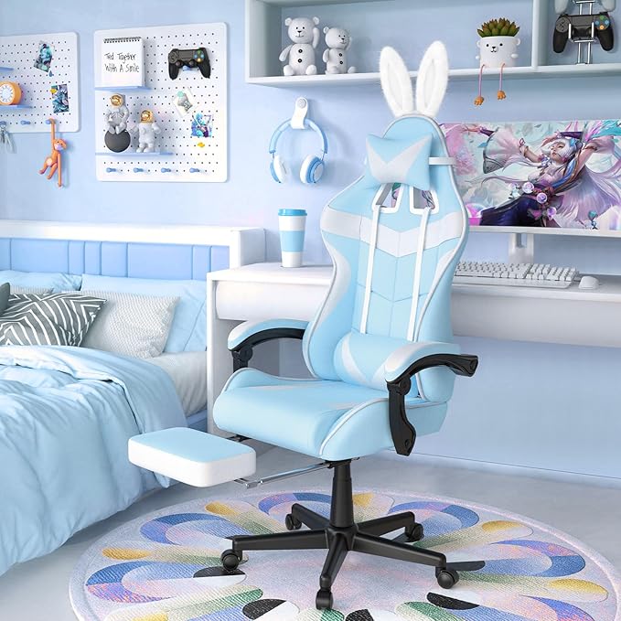 Soontrans Light Blue Gaming Chair with FootrestLovely Cute Bunny Computer Gamer ChairKawaii Desk Chair for GranddaughterSisterGirlfriendWife and Love