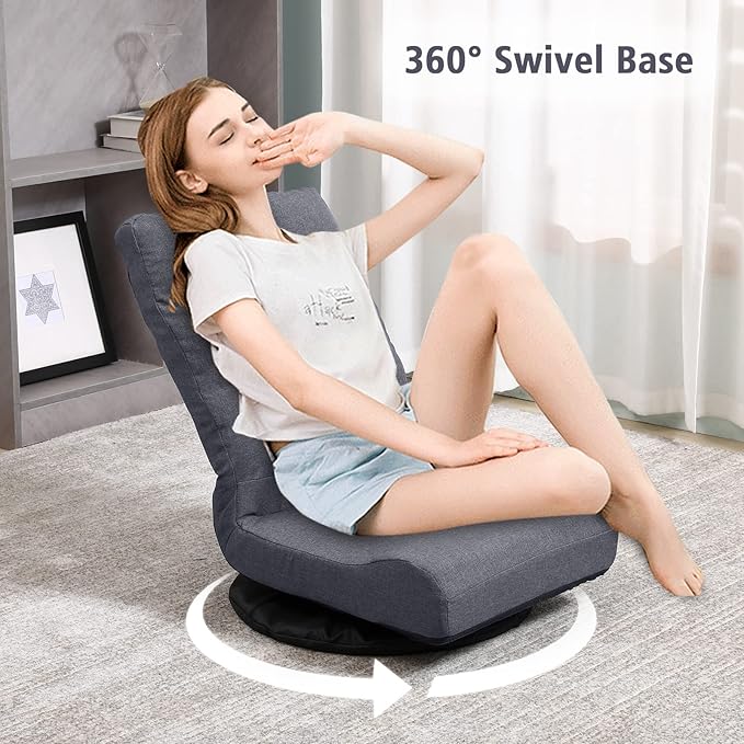 Swivel Floor Chair for TeensMultipurpose Gaming Chair Rocker for TV Reading Playing Video Games Lumbar Support Adjustable Foldable Backrest (Grey)