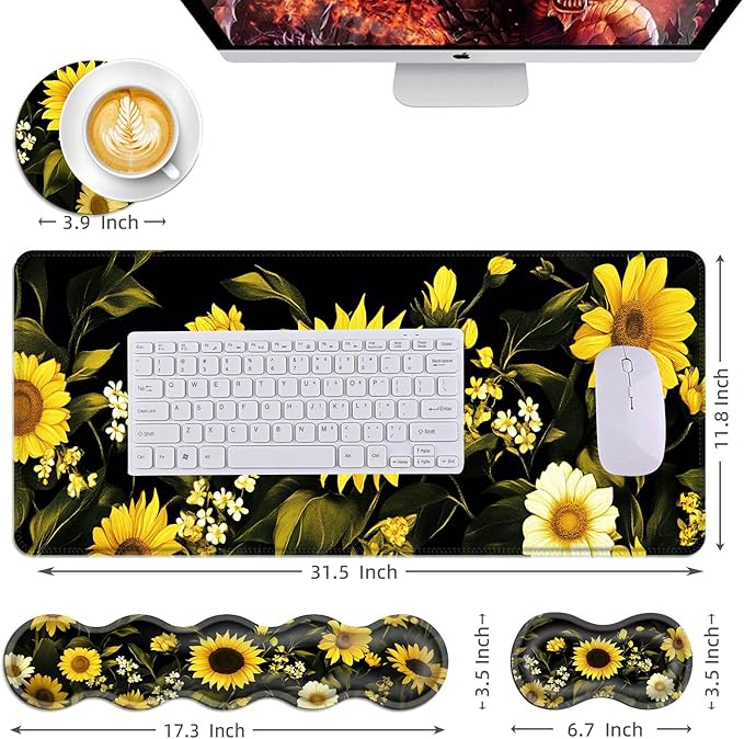 Mouse PadLarge Desk Mat Set 4in1 XL Mousepad + Keyboard Wrist Rest+Mouse Wrist Rest+Coaster with Ergonomic Desk Pad for Home Office Table Computer Cover -Sunflowers and White Flowers