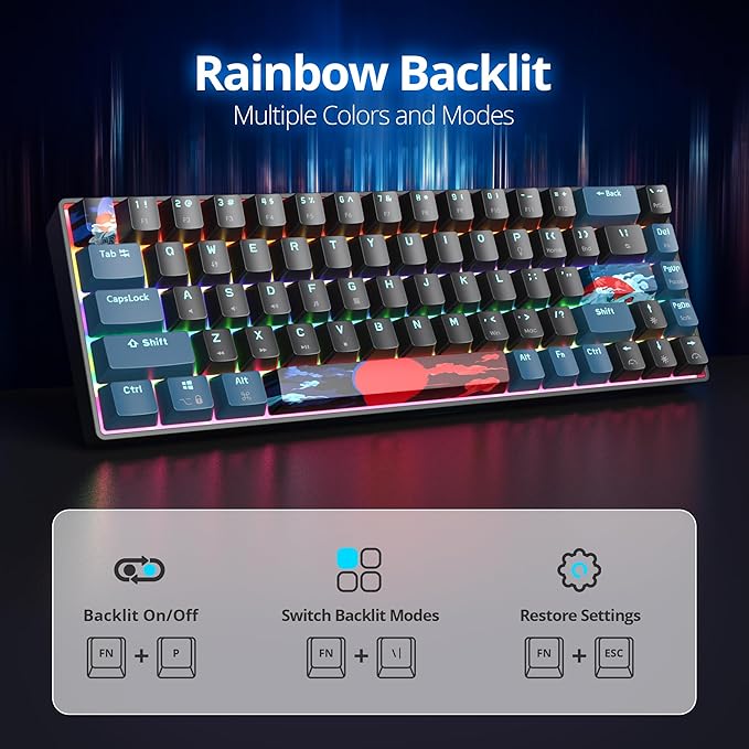 60 Percent Gaming Keyboard 68 Keys Mechanical Keyboard Rainbow Backlit Mini Compact Wired Keyboard with Red Switch for Windows Laptop Gamer(68 Monster-B)