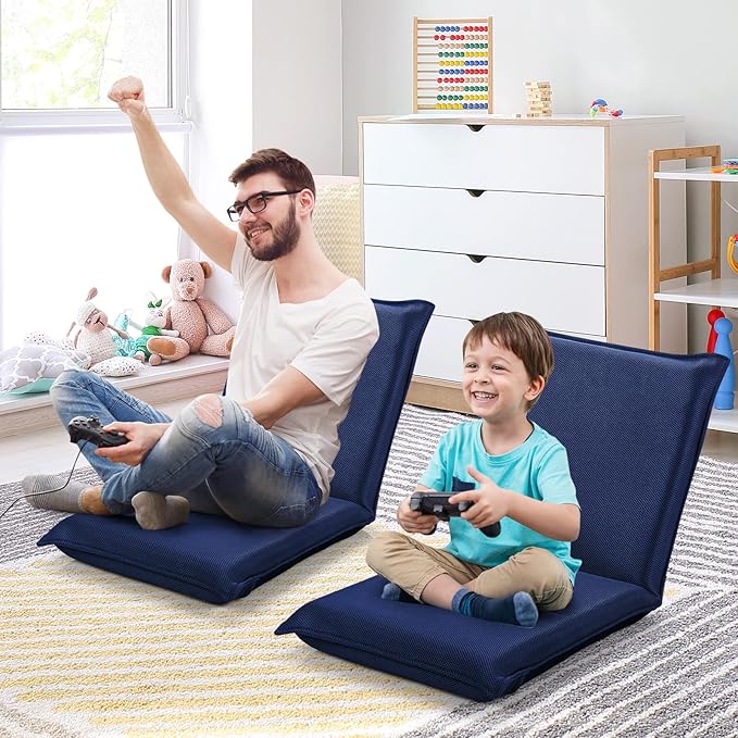 MAT EXPERT Adjustable Floor Chair 6-Position Mesh Floor Gaming Chair Folding Lazy Sofa Padded Lounger Recliner Cushioned Floor Chair with Back Support for Reading Meditating (Navy Blue)