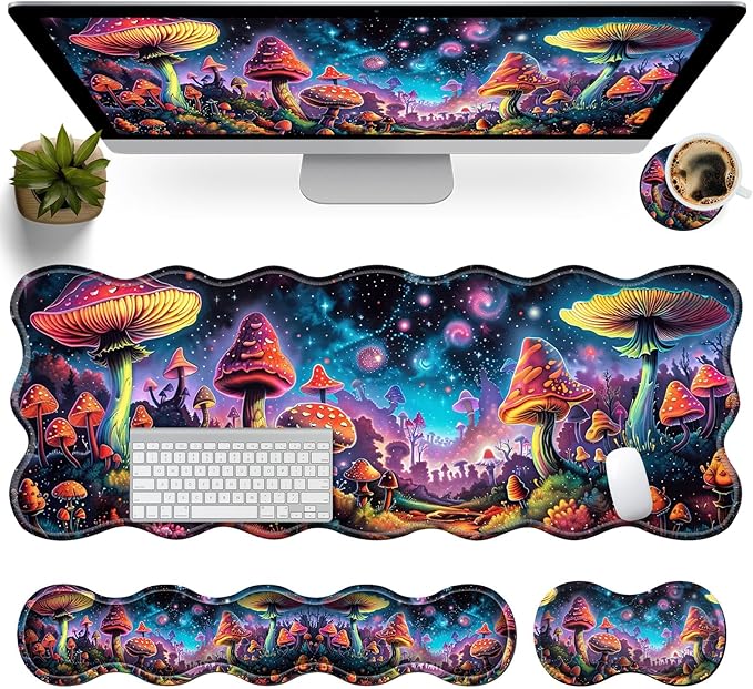 XXL Gaming Mouse Pad Set 31.5x11.8 Large Desk Mat with Keyboard Wrist Rest and Mouse Wrist Cushion Ergonomic Office Mouse Pad for Home &amp Work Non-Slip Extended Desk Pad Beautiful Mushrooms