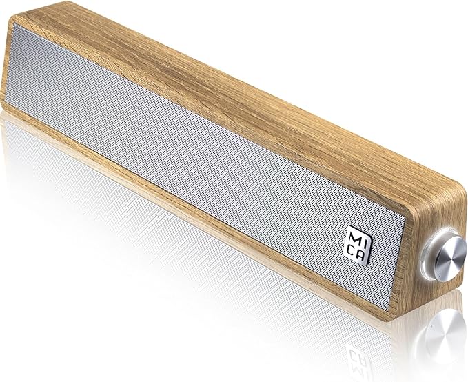 MICA Computer Speakers Vintage Wired Computer Sound Bar Retro Wooden Mini Soundbar USB Powered PC Speakers for Desktop Monitor Laptop Tablet 3.5mm Aux Connection Angled (Yellow)
