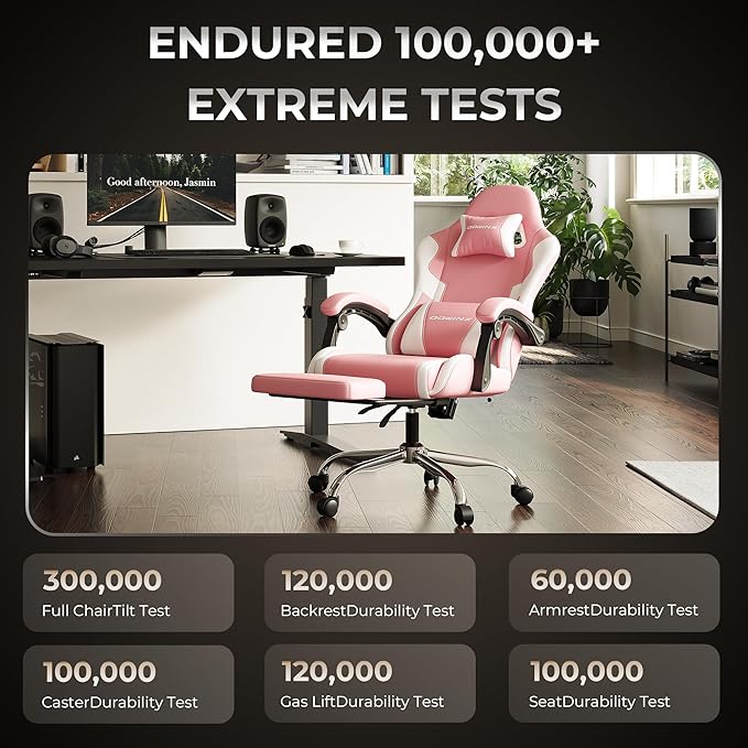 Ergonomic Gaming Chair with Footrest Heavy Duty 330lbs Office Chair Massage Lumbar Support Adjustable Height &amp Headrest Pillow Comfortable for Back Pain Relief Streaming Long Gaming Rose
