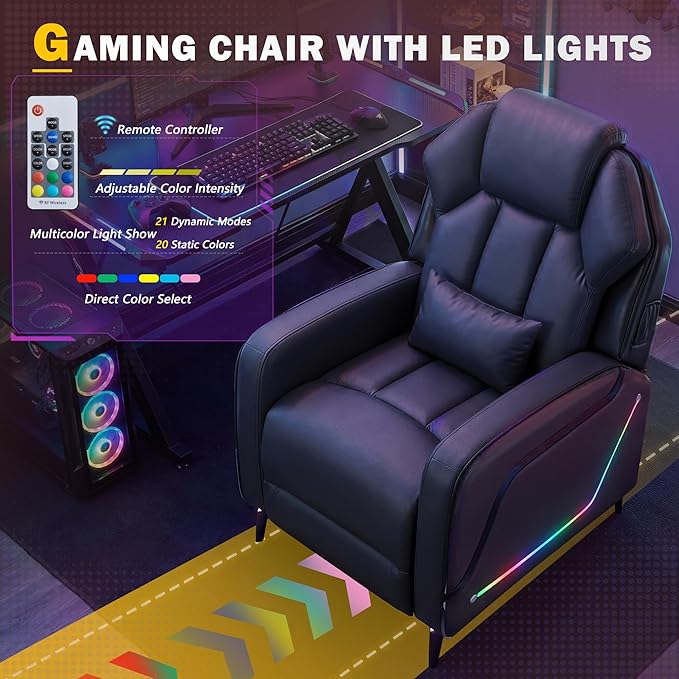 Gaming Recliner Chair with LED Lights Racing Style Big and Tall PU Leather Gaming Chair for Adults Lumbar Support Modern Ergonomic Home Theater Seating for Living Room (Black Ste of 2)