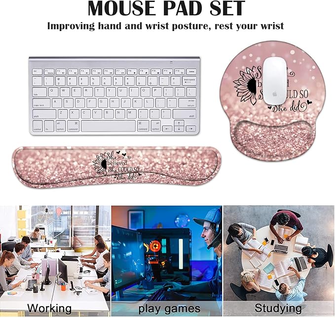 Keyboard Wrist Rest and Mouse Pad Wrist Support Set with Coasters She Believed She Could So She Did Inspirational Quote Wrist Mouse Pad with Non-Slip PU Base for Home Office Working Studying