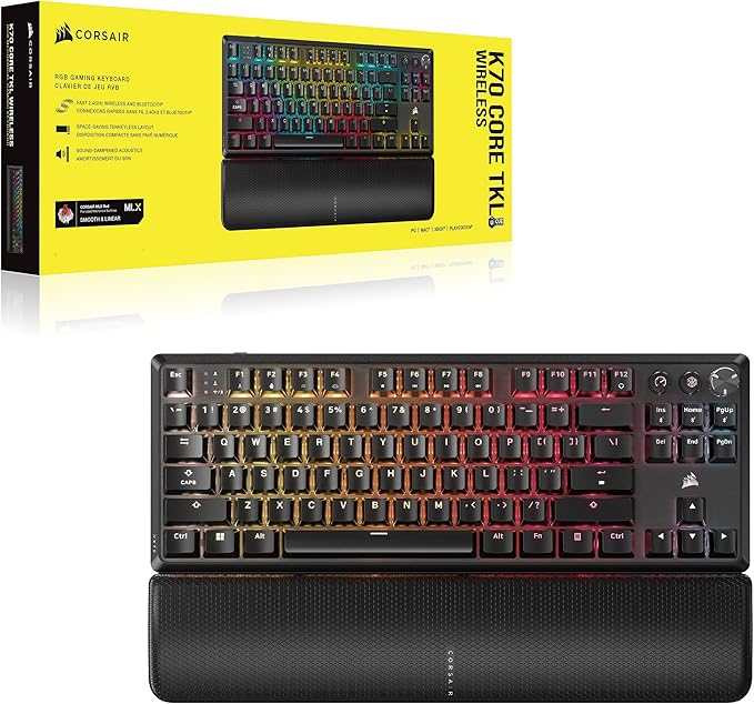 Corsair K70 CORE TKL Wireless RGB Tenkeyless Mechanical Gaming Keyboard – Pre-Lubed MLX Red v2 Linear Switches SOCD ABS Double-Shot Keycaps Sound Dampening 1000Hz Polling QWERTY NA – Black
