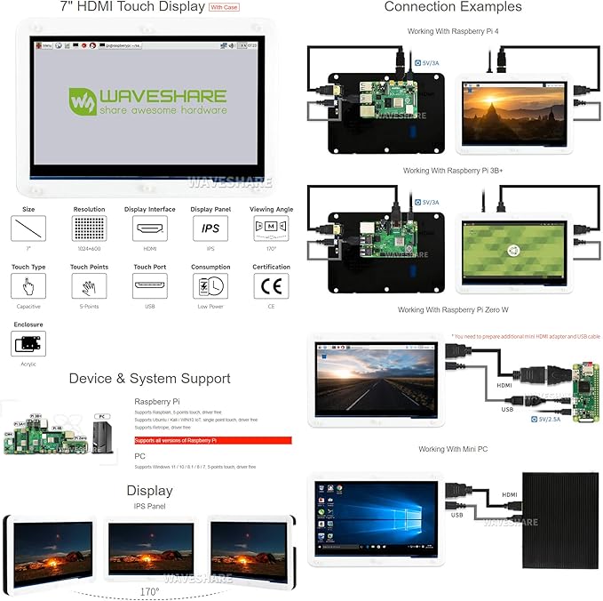 Waveshare 7inch HDMI LCD (C) Capacitive Touch Screen Display Supports Various Systems for All Ver. Raspberry pi 3 Model B/3 B+/2 B/B+/B/A Banana Pi with Bicolor Case