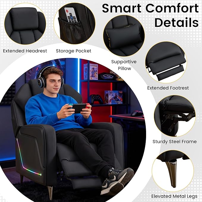 SAMERY Gaming Recliner Chair Push-Back Reclining Gaming Chair with Extended Footrest LED Light Pockets Lumbar Pillow Modern Ergonomic Recliner Sofa for Game Room Living Room (Black Recliner)