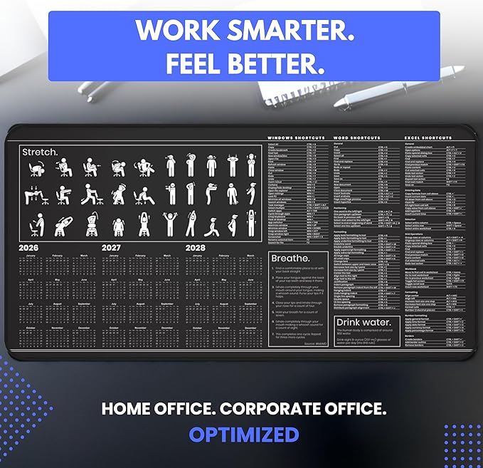 Productivity Desk Mat for Windows – Keyboard Shortcuts Wellness Guide &amp 3-Year Calendar | XL Office Mouse Pad for Excel Word &amp System Commands | Ergonomic Workspace Mat