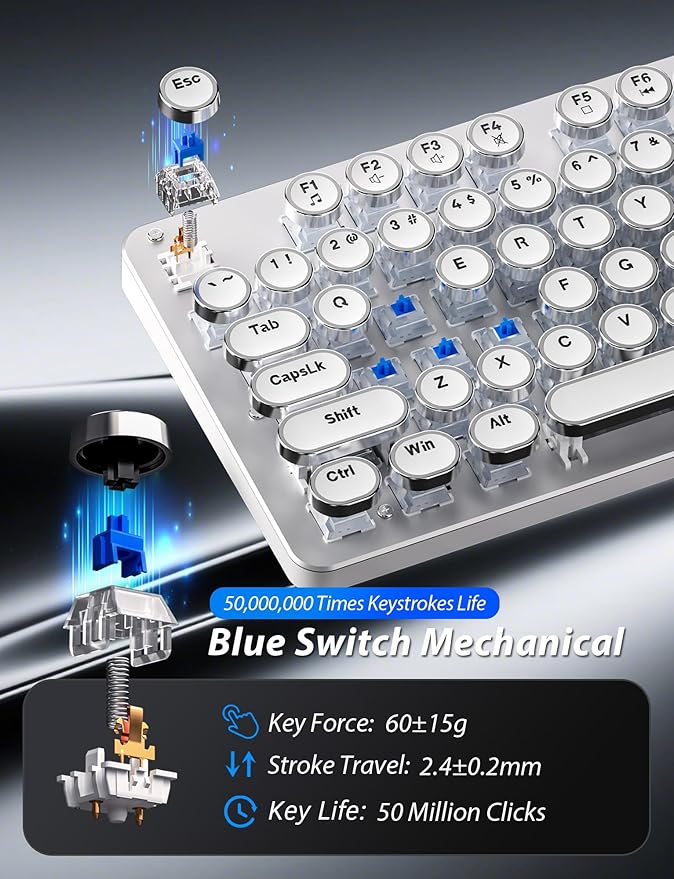 Typewriter Mechanical Gaming Keyboard and Mouse 104-Key Full Size Retro Keyboards Metal Panel Punk Round Keycap Clicky Blue Switch with RGB Backlit Mouse and Pad Combo for PC Laptop Mac Gamer White