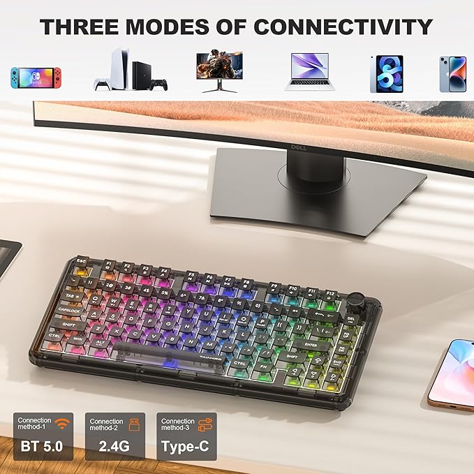 Transparent Mechanical Keyboard 80-Key RGB Backlit Wireless Gaming Keyboards Hot Swap Customizable Clear Acrylic Design Quiet Linear Switches 3 Modes BT5.0/2.4G/USB-C 4000mAh Battery (Black)