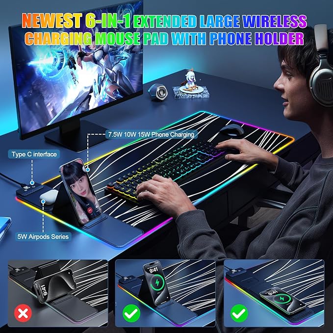 Mouse Pad with Foldable Phone Holder Wireless Charging Desk Mat RGB Gaming Mousepad Large Desk Pad with Non-Slip Base Waterproof Keyboard Pad Classic Black (XXL Stand Wavy)