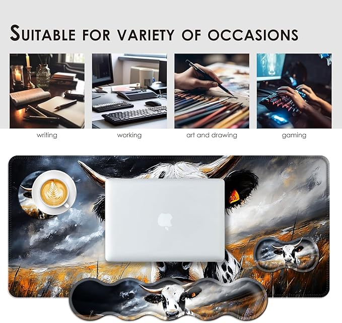 Large Keyboard Mouse Pad Set Extended Mouse Pad+Keyboard Wrist Rest Support Memory Foam Ergonomic Easy Typing 4Pcs (31.5×11.8 in) Desk Pad Set for Office HomeCute Cow
