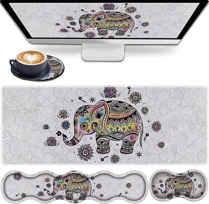 4 in 1 Mouse Pad Combo Large Gaming Mouse Pad + Keyboard Wrist Support + Mouse Wrist Rest + Coaster Table Pad with Stitched Edge Ergonomic Wrist Pad Set Cute Colorful Floral Baby Elephant