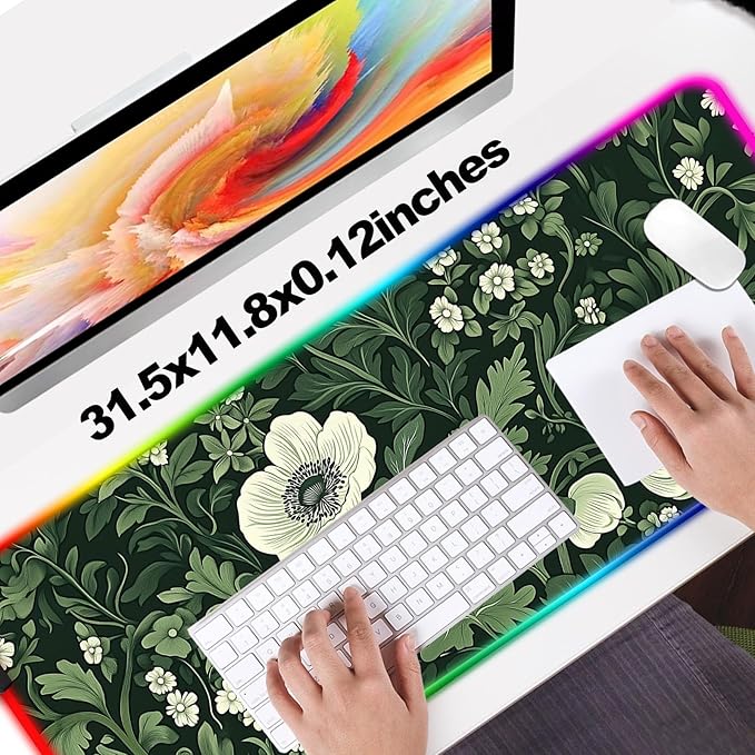 RGB Green Plant Wildflower Gaming Desk Mat Computer Keyboard Large Extended Long Floral LED Mouse Pad for Office and Home XL (W26)