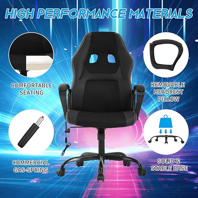 Video Gaming Chair with Massage Function Ergonomic Computer Desk Chairs Home Office Desk Chair with Lumbar Support Adjustable Height Swivel Wheels Black
