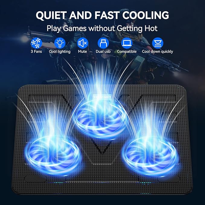 TECKNET Laptop Cooling Pad Portable Slim Quiet USB Powered Laptop Notebook Cooler Cooling Pad Stand Chill Mat with 3 Blue LED Fans Fits 12-17 Inches (Black)
