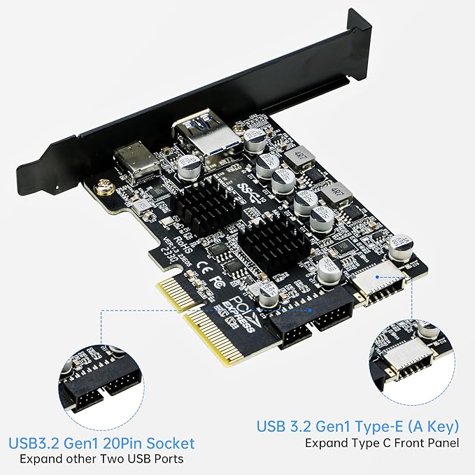 USB 3.1 PCIe Card RIITOP PCI-e 3.0 x4 to USB3.2 Gen2 Adapter (10Gbps) Expands to 20Pin + Type-E + 1x USB 3.0 + 1x USB C