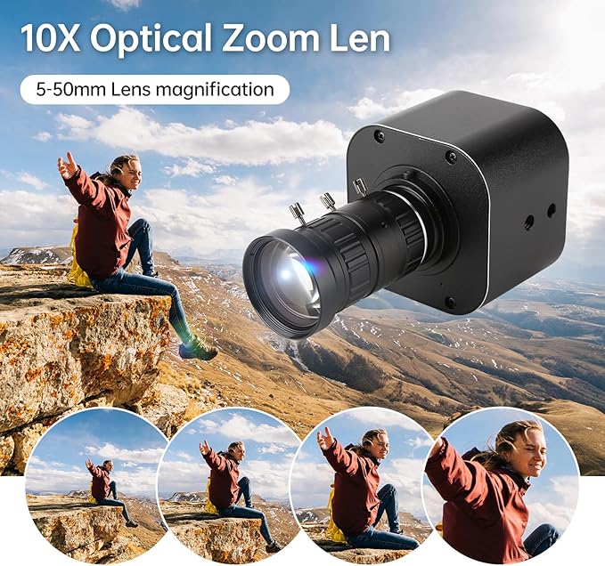 4K HD USB Camera 10X Optical Zoom 5-50mm Variable Lens 8MP Mini Web Camera with Microphones 1920x1080@60fps Manual Focus with 2 Image Formats MJPEG and YUY2 Compatible with Window XP/Vista/7/8/10