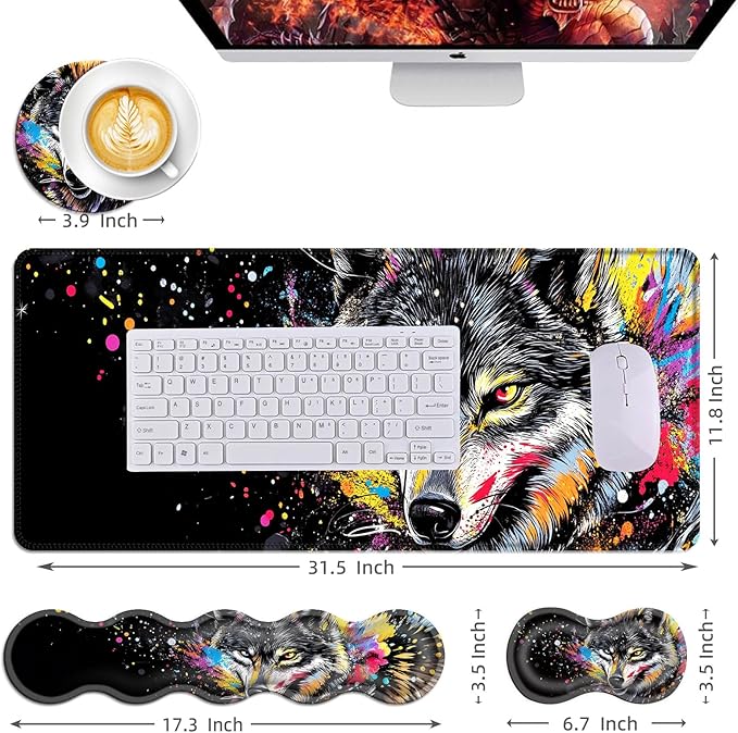 Mouse PadLarge Desk Mat Set 4in1 XL Mousepad + Keyboard Wrist Rest+Mouse Wrist Rest+Coaster with Ergonomic Desk Pad for Home Office Table Computer Cover -Colorful Splatter Wolf