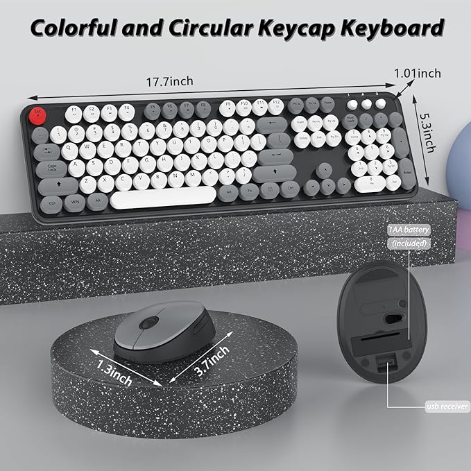 Wireless Keyboard Mouse Combo Colorful Mouse and Keyboard Combo 104 Keys Cute Wireless Keyboard with Number Pad for Windows Computer PC Notebook Laptop (Grey)