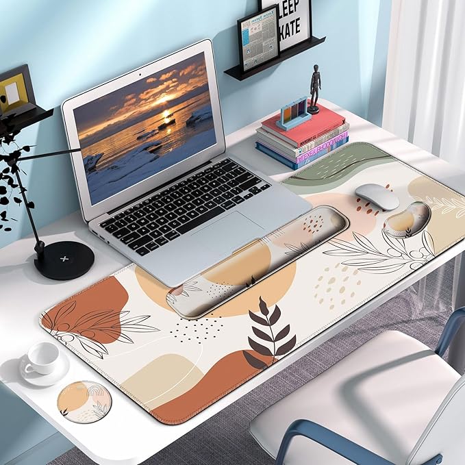 Keyboard Wrist Rest + Mouse Pad with Wrist Support + Desk Mat + Coaster 4 in 1 Set XXL Large Gaming Mousepad Cute Ergonomic Mouse Pads for Desk Computer Laptop Office Decor-Boho Leaves