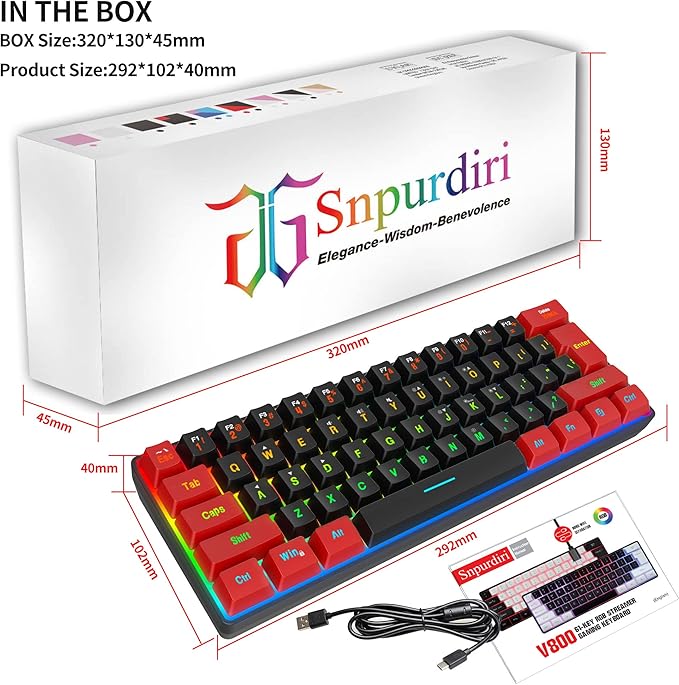 Snpurdiri 60% Wired Gaming Keyboard Ultra-Compact RGB Backlit Small Gaming Keyboard for PC Computer Gamer (Red and Black)