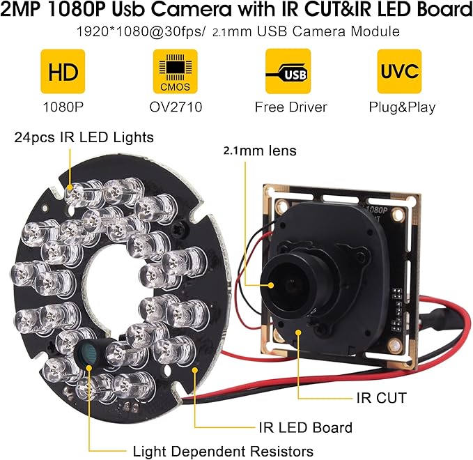 1080P Day Night Vision USB Camera Module IR Infrared Webcam Board 2.1mm Lens Wide Angle PC Camera Mini UVC USB2.0 Lightburn Camera High Speed 100fps Industrial Video USB with Camera for Computer