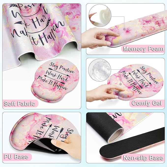 Large Mouse Pad and Keyboard Wrist Rest + Desk Mat SetFull Long Mouse Pads for Desk Accessories with Memory Foam Gel Pink Mousepad for Women Computer Desktop Office Work-Pink &amp Black Slogan