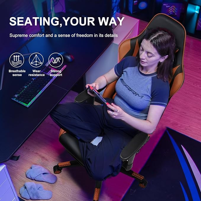 GTPLAYER Gaming Chair with Footrest Ergonomic Computer Game Desk Chair Reclining Gaming Chair Seat Height Adjustment Swivel Rocker with Headrest and Lumbar (Brown)