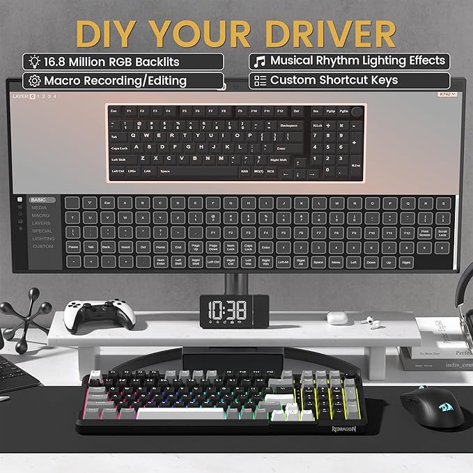 Redragon K742 Wireless Mechanical Gaming Keyboard with Knob Bluetooth 5.0/2.4GHz/USB C Wired Creamy Keyboard with Number Pad for PC Computer RGB Backlits Hot-Swappable with Linear Switches (Black)