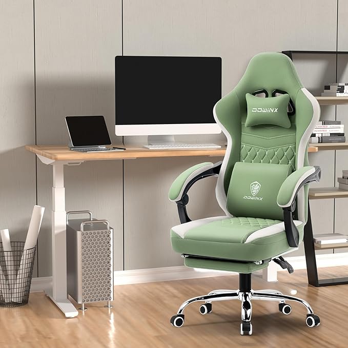 Dowinx Gaming Chair Breathable Fabric Game Chair with Gel Pad and Storage Bag Comfortable Gamer Chair with Pocket Spring Cushion Ergonomic Computer Chair with Footrest Green