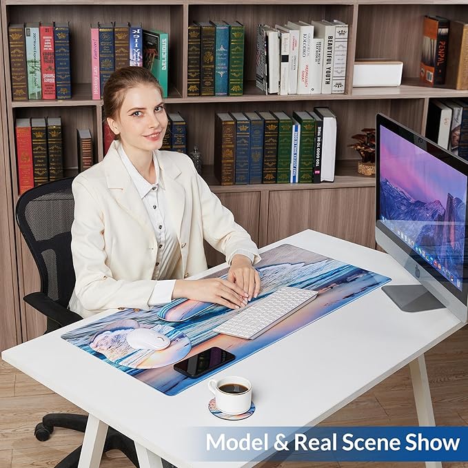 Desk Mat Set + Keyboard and Mouse Pad with Wrist Rest Support4-in-1 Large Mousepad Computer Mats for Desktop Home &amp Office-Blue Sunset Beach