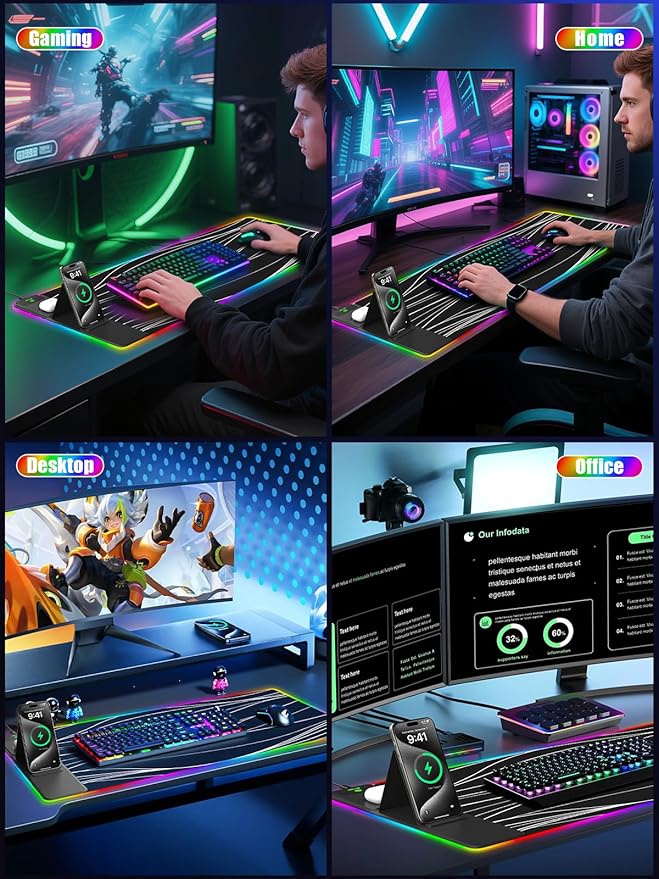 Mouse Pad with Foldable Phone Holder &amp Wireless Charger XXL RGB Gaming Mousepad 31.5x15.8 Large Desk Mat for Keyboard Black Desk Pad with Dual Qi Charging Station | 11 Colors 5 Modes | Waterpr