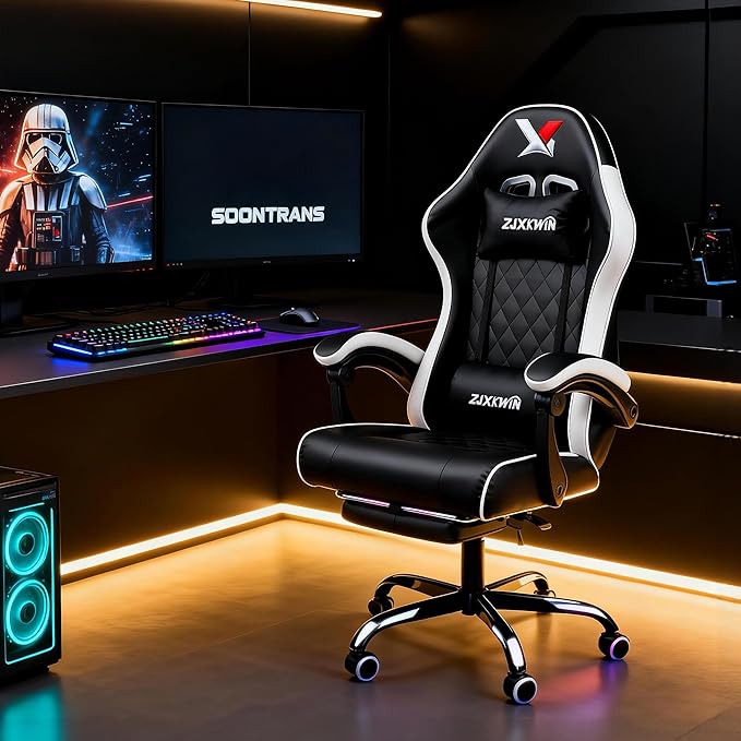 Vedio Gaming Chair with Footrest Lumbar Support for Home Office High Back Recliner Height Adjustable Ergonomic Comfy Leather Computer Desk ChairWhite